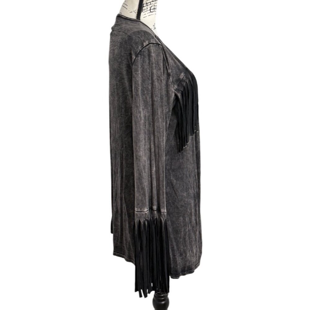 T Party Womens Size M Open Front Cardigan Fringe Washed Black Long Sleeve NEW - Picture 2 of 7